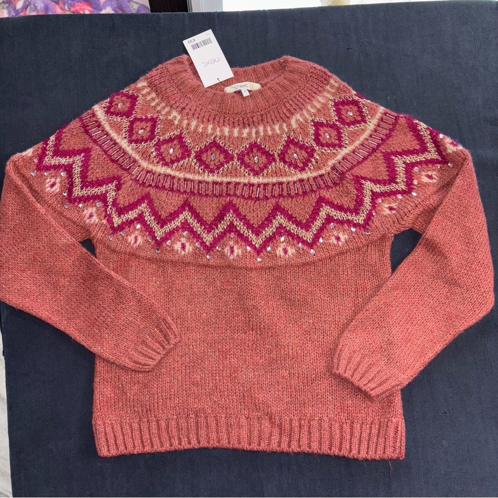 Next girls / teen Coral and Magenta Patterned Sweater jeweled sparkle